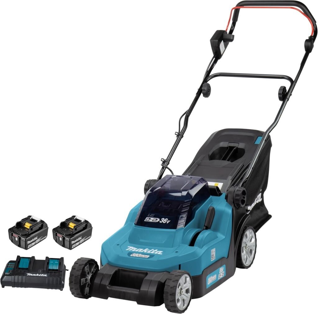 MAKITA Akku-Rasenmäher LXT DLM382 Akku-Rasenmäher mit Kunststoffrahmen und Grasfangbox für kleine Gärten Ein leiser, Akku-Rasenmäher mit Kunststoffgehäuse und einfacher Handhabung. Er wird mit zwei 18 V Akkus betrieben, die eine Gesamtspannung von 36 V liefern. Dieser leicht zu bedienender Rasenmäher eignet sich für kleine Gärten. Er bietet eine Schnittbreite von 38 cm und hat eine 40 L Grasfangbox.